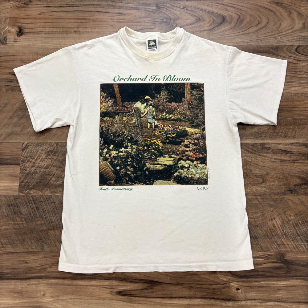 Vintage Orchard In Bloom 1999 Art Cotton Deluxe T-shirt Mens M Cream Graphic Tee